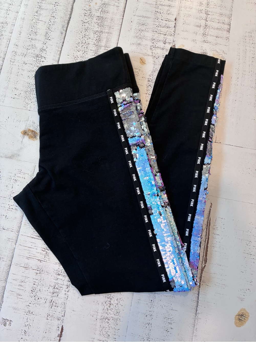 PINK Victoria's Secret Black Leggings with Iridescent Sequin Side Stripe